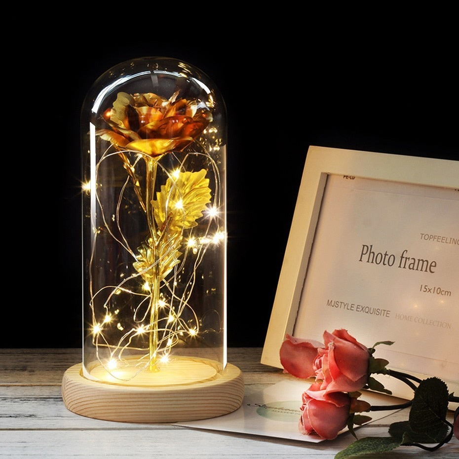 6 Colour Beauty And The Beast Red Rose In A Glass Dome On A Wooden Base For Valentine's Gifts LED Rose Lamps Christmas