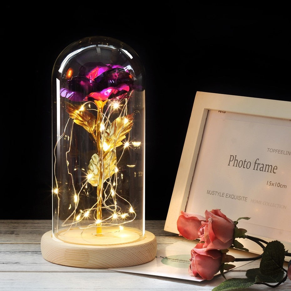 6 Colour Beauty And The Beast Red Rose In A Glass Dome On A Wooden Base For Valentine's Gifts LED Rose Lamps Christmas