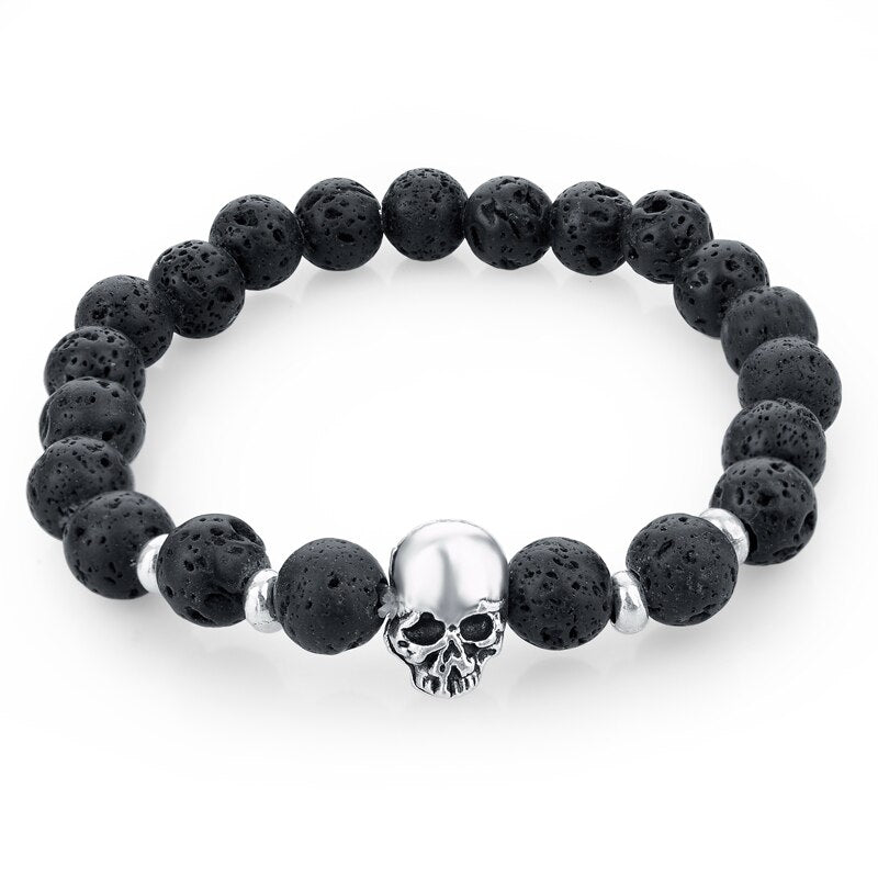 ATTRACTTO New Natural Stone Skull Bracelets Bangles For Women Lava Beads Elastic For Men Jewelry Accessories Bracelets SBR160031