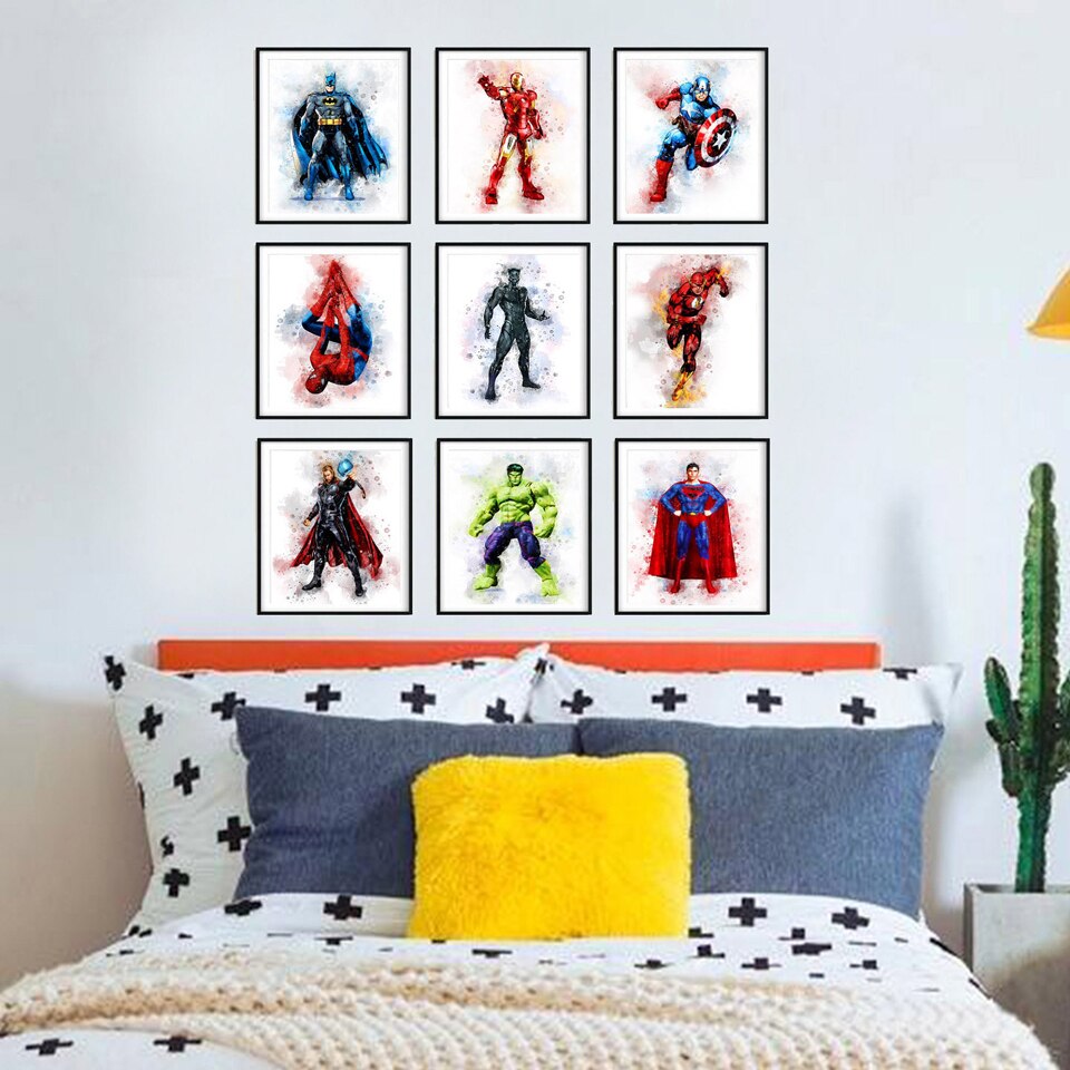 Superheroes Watercolor Art Print Avengers Marvel Hulk Batman Superman Captain America Birthday Gifts Wall Pictures for Boys Room