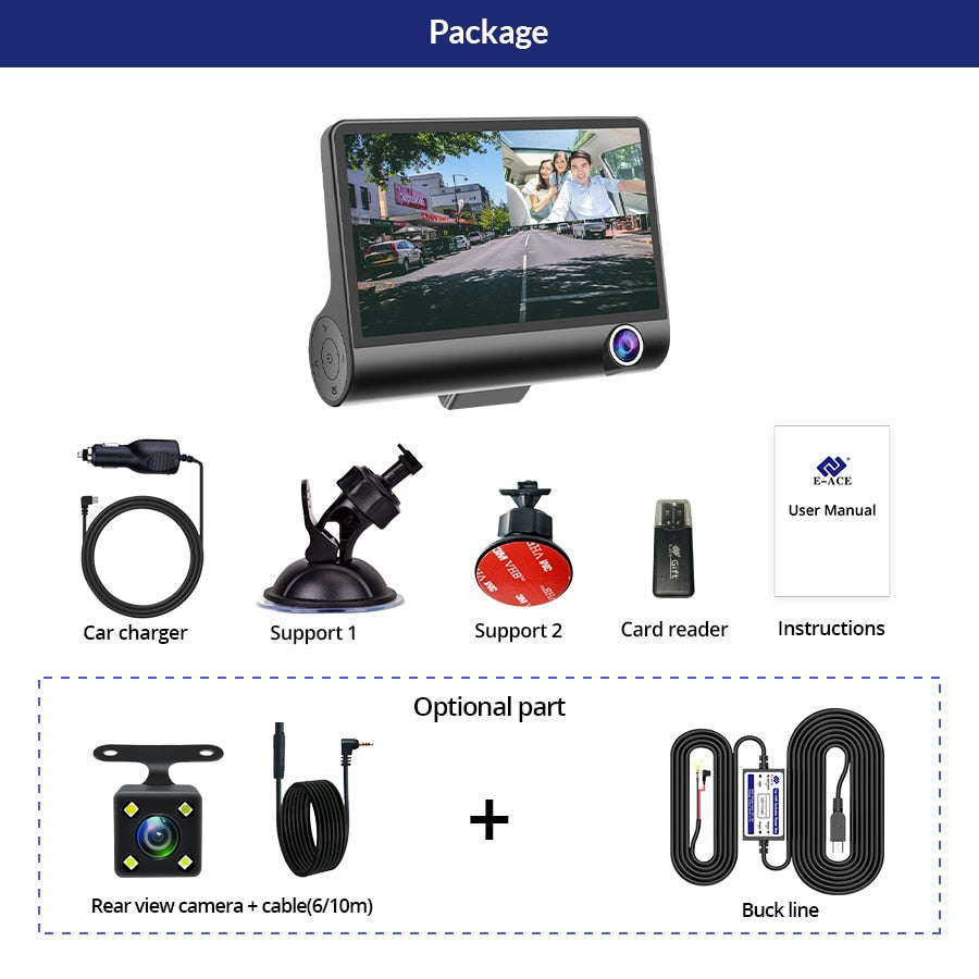 E-ACE Car DVR 3 Cameras Lens 4.0 Inch Dash Camera Dual Lens With Rearview Camera Video Recorder Auto Registrator Dvrs Dash Cam