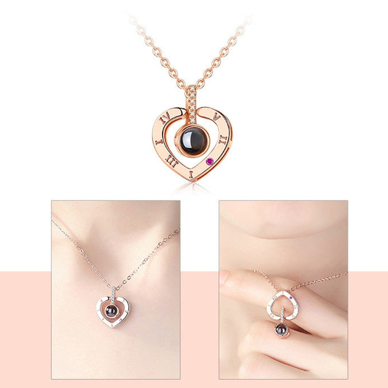Rose Gold 100 Languages I Love You Projection Pendant Necklace for women Jewelry Love Memory Wedding Necklace Valentine's Day