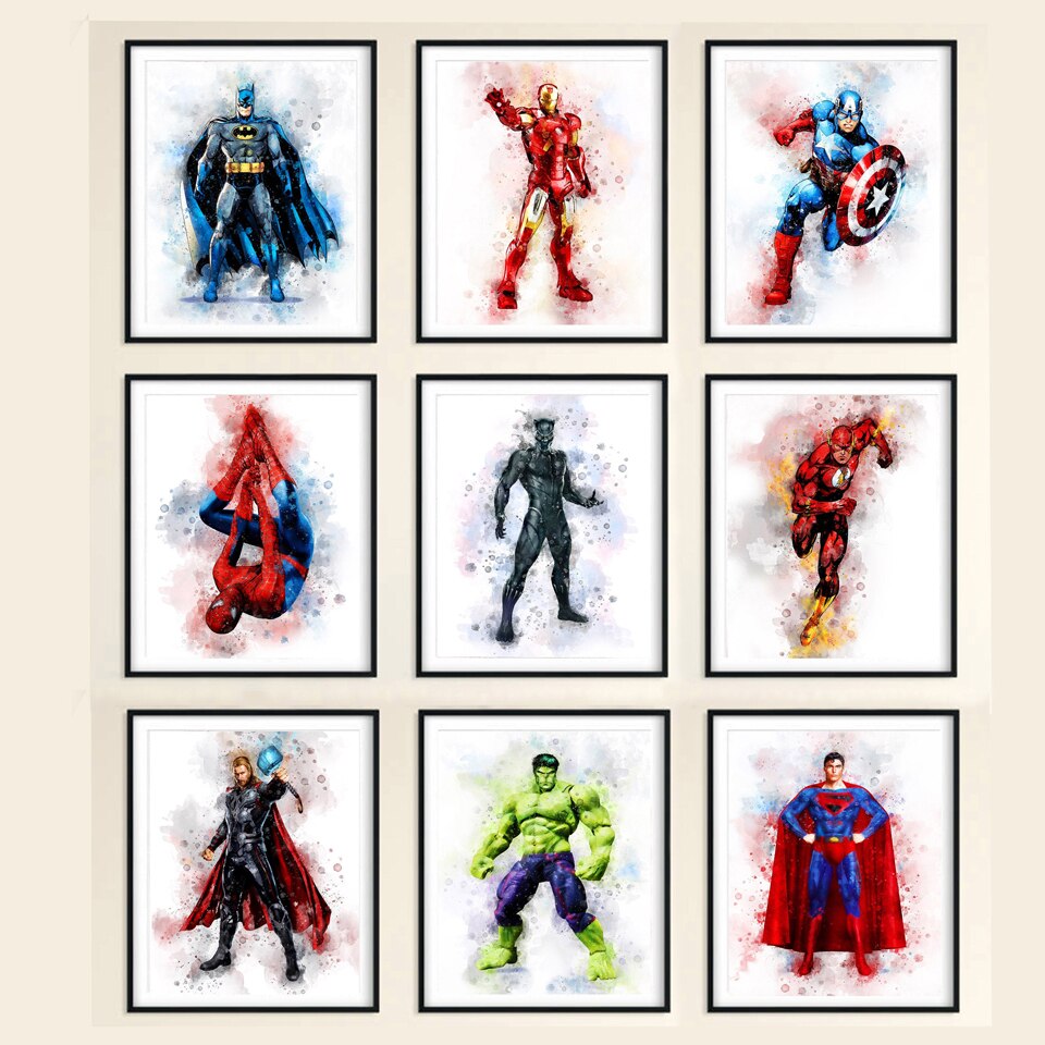 Superheroes Watercolor Art Print Avengers Marvel Hulk Batman Superman Captain America Birthday Gifts Wall Pictures for Boys Room