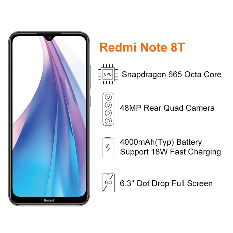 Global Version Xiaomi Redmi Note 8T 4GB RAM 64GB ROM NFC Mobile Phone 48MP Quad Rear Camera Snapdragon 665 Octa Core 4000mAh