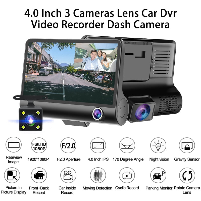 E-ACE Car DVR 3 Cameras Lens 4.0 Inch Dash Camera Dual Lens With Rearview Camera Video Recorder Auto Registrator Dvrs Dash Cam