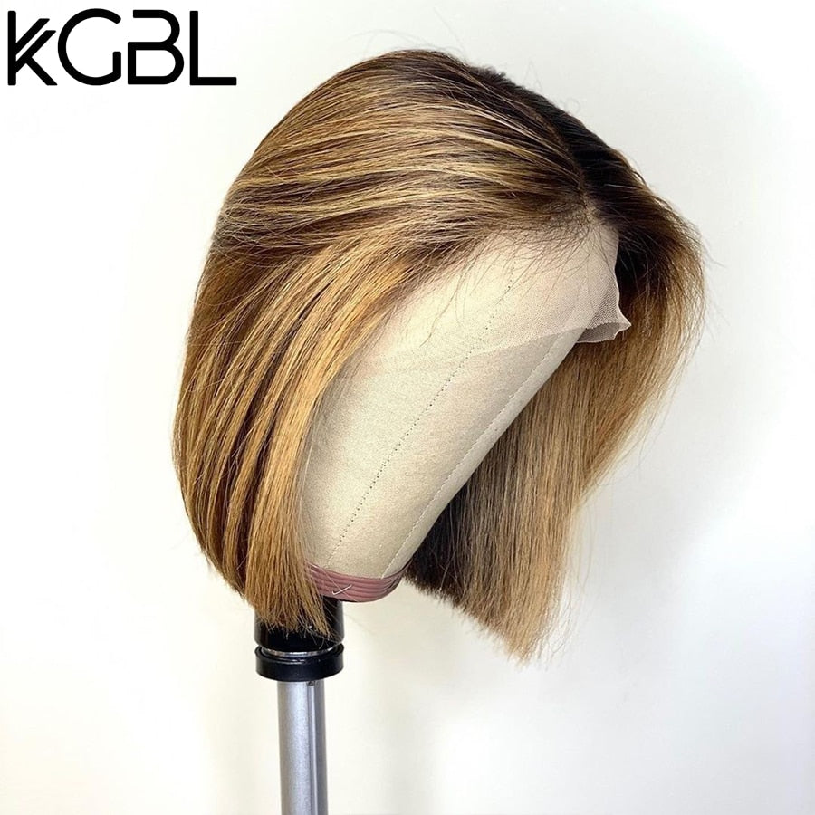 KGBL Short Bob Ombre 4/27 Color 13*4 Lace Front Middle Ratio 8”-16" Human Hair Wigs  Brazilian Non-Remy Hair   Pre-Plucked Wigs
