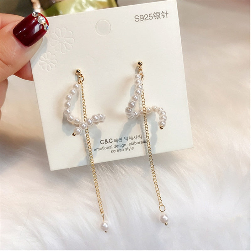 silver needle long pearl earrings female fashion temperament simple anti-allergy earrings summer personality net ornaments