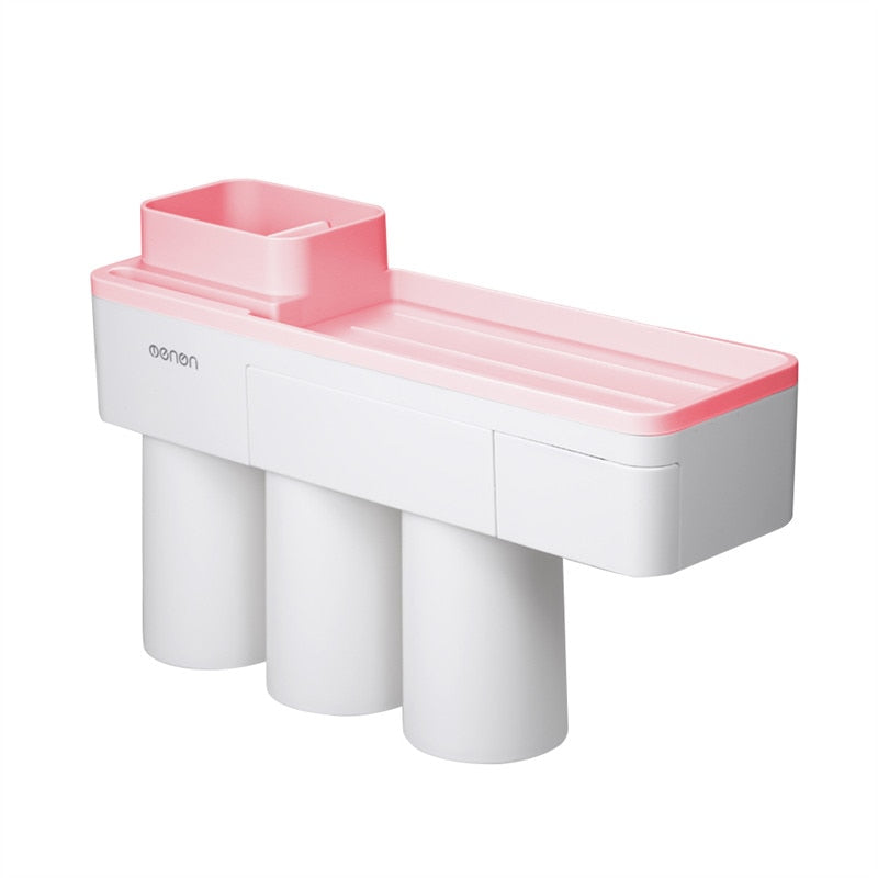 Auto Squeezing Toothpaste Dispenser Toothbrush Holder 4 Cups Suction Cup Set Bathroom Accessories Wall Mount Storage Rack