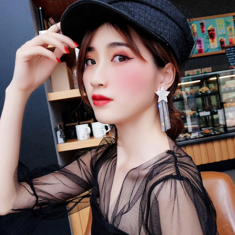 2019 New Arrival  Zinc Alloy Trendy Women Dangle Earrings Star-studded Fringed Earrings  Long-style Female Jewelry