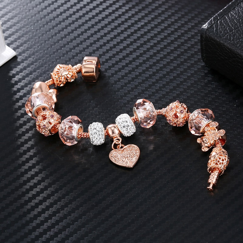 ATTRACTTO Gold Crystal Bear Bracelets&Bangles For Women Charm Heart Bracelets  Jewelry Handmade Snap Button Bracelet SBR190422