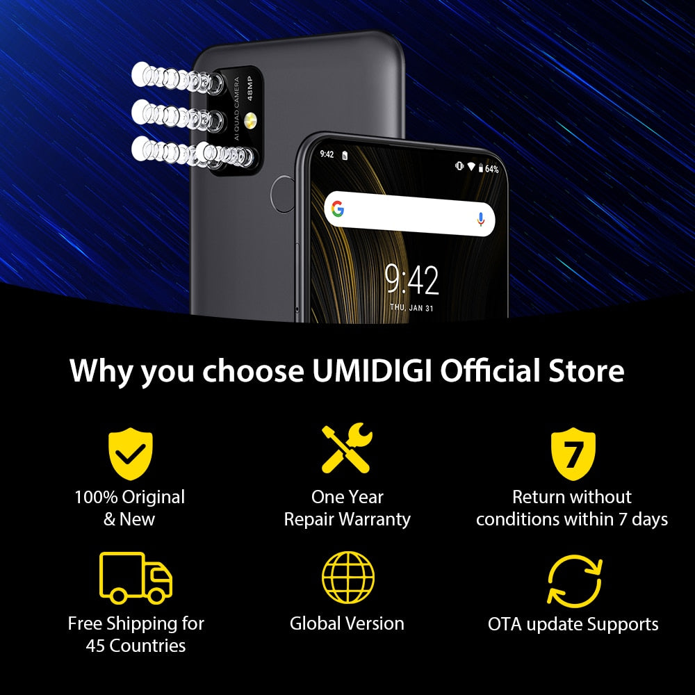 UMIDIGI Power 3 Android 10 48MP Quad AI Camera 6150mAh 6.53" FHD+ 4GB 64GB Helio P60 Global Version Smartphone NFC Pre-sale