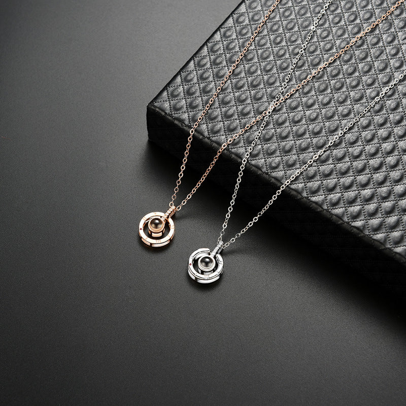 ATTRACTTO Round Gold Necklaces 100 Languages I Love You Necklaces&Pendants For Women Chain Memory Projection Necklace SNE190182